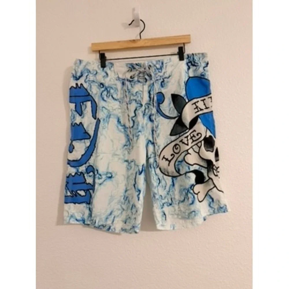Ed Hardy Mens 36 BlueWhite Marble Love Kills Slowly Skull BoardShorts SwimTrunks